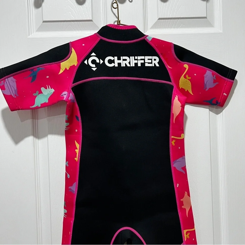 Chriffer Kids Wetsuit Size Large Pink/Black Dino Print Details Short Sleeve Girl